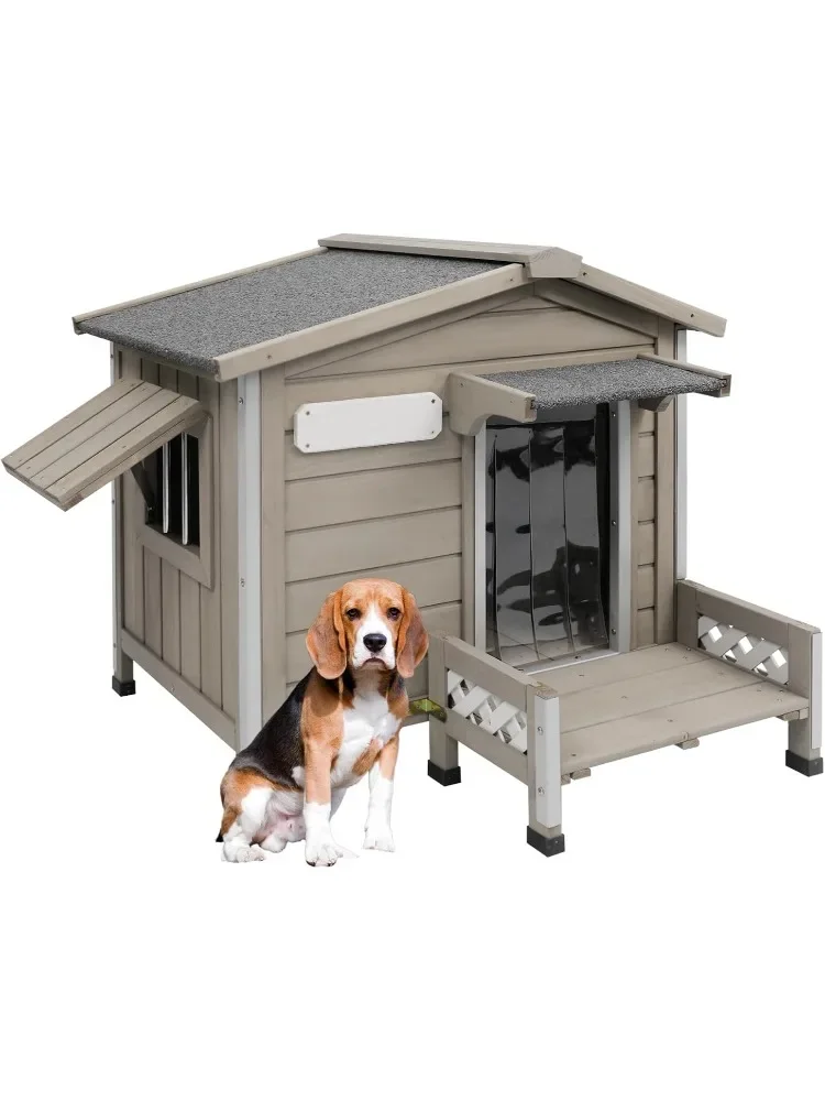 

Weatherproof Outdoor Dog House & Wooden Indoor Dog Kennel with Chew-Proof Iron Frame，Removable Floor, Recreational Steps