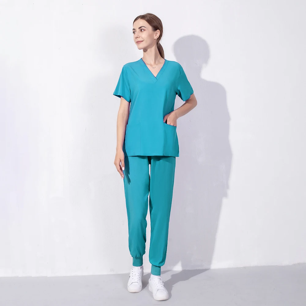 Unisex Scrub Suits Scrubs Set Voor Dames Joggers Tops Broek Ziekenhuis Arts Verpleegkundige Uniform V-Hals Effen Kleur Chirurgische Werkkleding