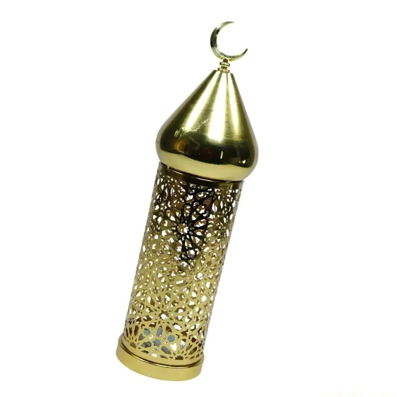 QX2E Decorsative Indoor Gold Moroccans Lantern for Home Decors Hollowed Out LED Light Ramadans Lamp Centerpieces Table