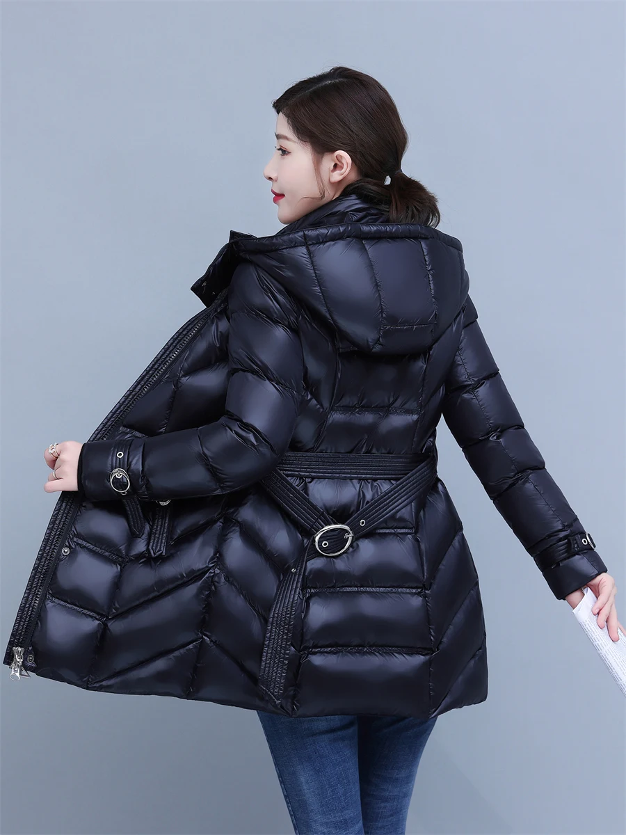 S-4XL Shiny Hooded Down Coats women 2022 winter new style Gloosy Thicker Warm was thin thicker warm Parkas With Belt WY1039