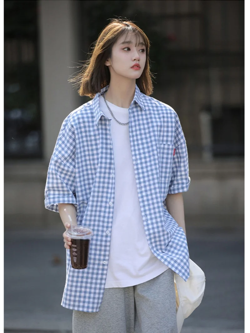 

Blue Plaid Short Sleeve Shirt Men's Lazy Style Cityboy Japanese Retro Spring Summer Casual Shirt Couple's Outerwear Youth Fas...