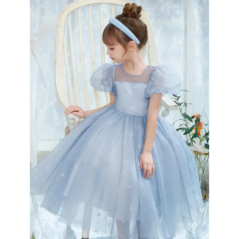 ใหม่ Elsa Light Blue Elegant ชุดเจ้าหญิงโบว์ใหญ่เด็กผู้หญิงเงาชุดผ้าพันคอสําหรับ Grand อย่างเป็นทางการพิธีวันเกิด Carnival Party