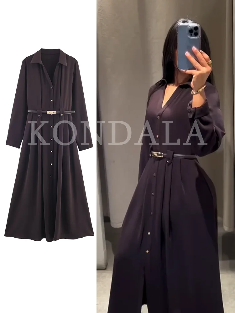 KONDALA Herfst Elegante Riem Lange Jurk vrouwen Vintage Koffie V-hals Slanke Jurk 2025, Herfst Mode Etentje Dames Jurk - afbeelding 2