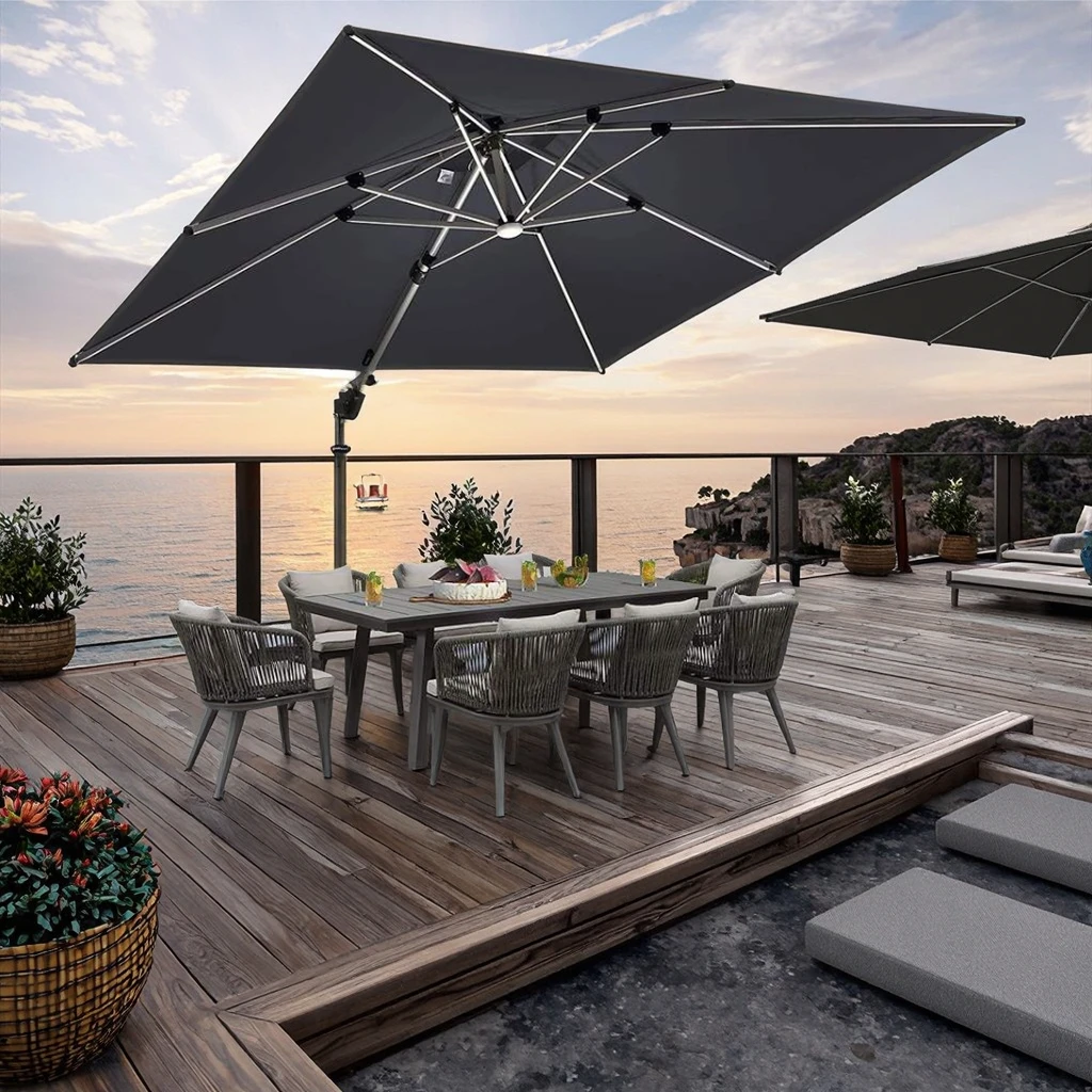 

Высококачественный современный уличный водонепроницаемый зонт Roma с легким стальным консольным кронштейном для патио, склада, парка, отеля, ресторана, пляжа