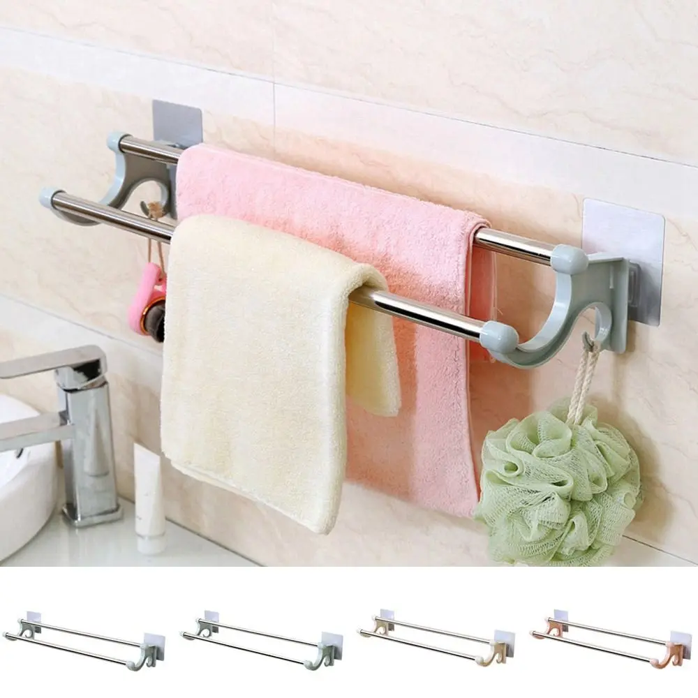 Stainless Steel Double Rod Towel Bar Punch-free Traceless Towel Rack Wall Mounted Space Saving Towel Storage Shelf Kitchen