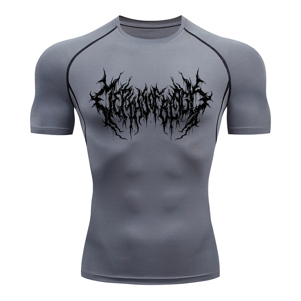 Men's Quick Drying T-Shirt With Twisted Thorn Lettering Printed Breathable Tight Fitting Short Sleeved Fitness Training Top