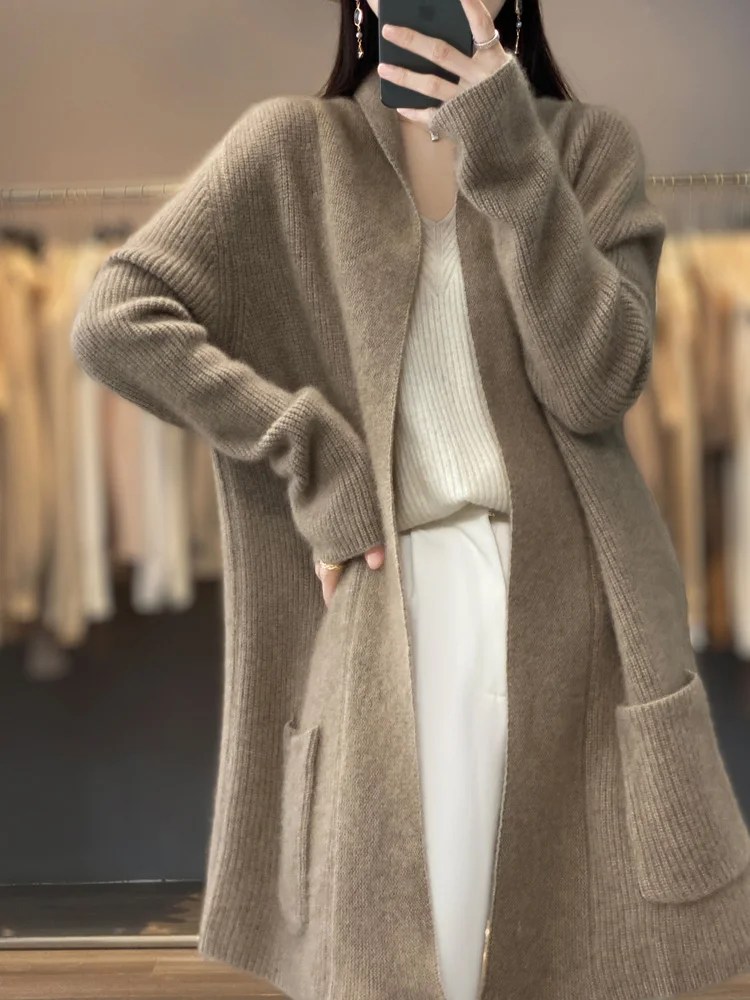 Hot Sale New Spring Autumn Winter Women Cardigan 100% Merino Wool Knitted Sweater Solid Color Loose Soft Fashion Female Coat