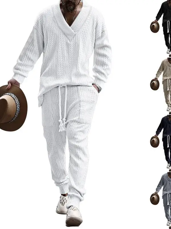 

Мужской повседневный вязаный свитер с v-образным вырезом и цветочным узором, осень-зима, новый комплект спортивной одежды, удобные дышащие длинные брюки