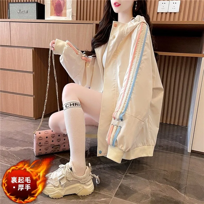 Thickened Fleece Autumn Winter Coat for Women High School Students Commuter Style Loose Fit Wave Pattern Embellished Zipper C...