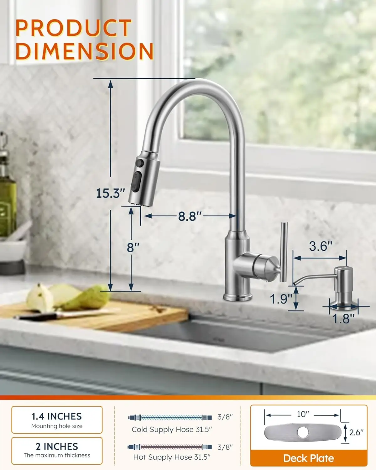 Kitchen Faucets with Soap Dispenser with Pull Down Sprayer, High Arc Single Handle Stainless Steel Sink Faucets 1 or 3 Hole, Kit