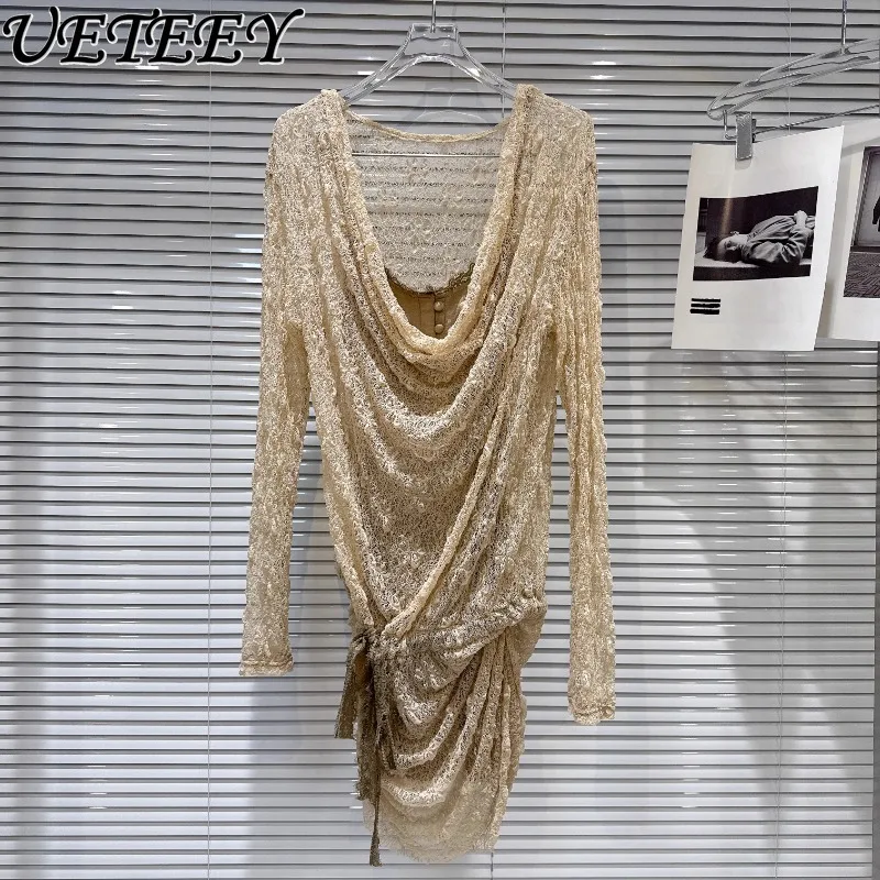 

Summer New Retro Sweet and Spicy Low-neck Drawstring Strap Fake Two-piece Dress Fashion Temperament Lace Long-sleeved Dresses