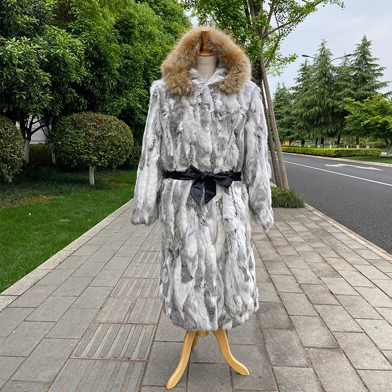 women winter warm fashion longest fur coat real rabbit fur coat with huge hood and raccoon fur collar