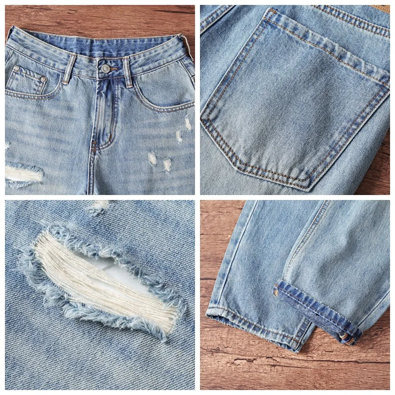 الربيع والخريف السراويل الدنيم الرجالية العصرية مع ثقوب مكسورة، الحنين الرجعية، السراويل الدنيم العصرية الشارع