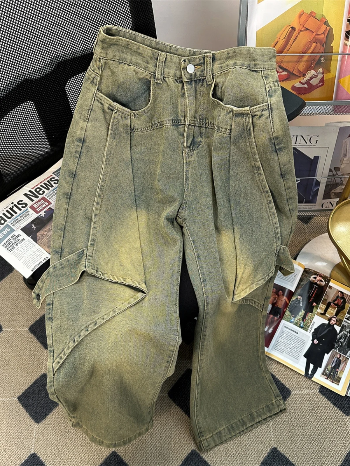 

Тяжелые деконструированные мужские джинсы, осень 2024, модные брендовые американские брюки длиной до пола со свободной талией и широкими штанинами