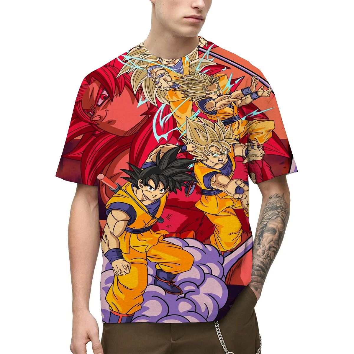 Men's Dragon Ball Anime 3D Print T-Shirt Goku Characters Graphic Tee Super Saiyan Transformations Energy Aura Element Design