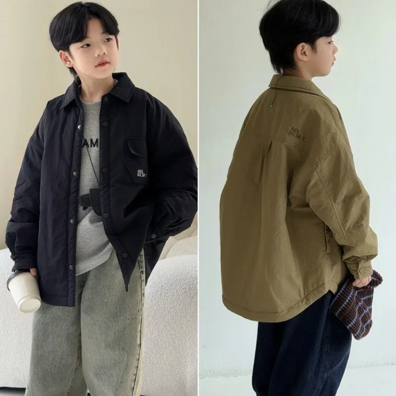 

2025 Boys' Cotton Jacket Autumn/Winter New Collection Children's Medium Thick Warm and Casual Bottom Shirt Student Trendy Top