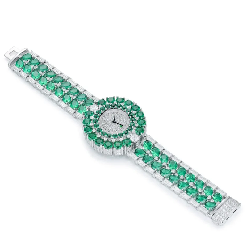 BELLUX Luxury Green Fashion Full Diamond Synthetic Zircon Emerald Gold Plated Fine Jewelry Watch