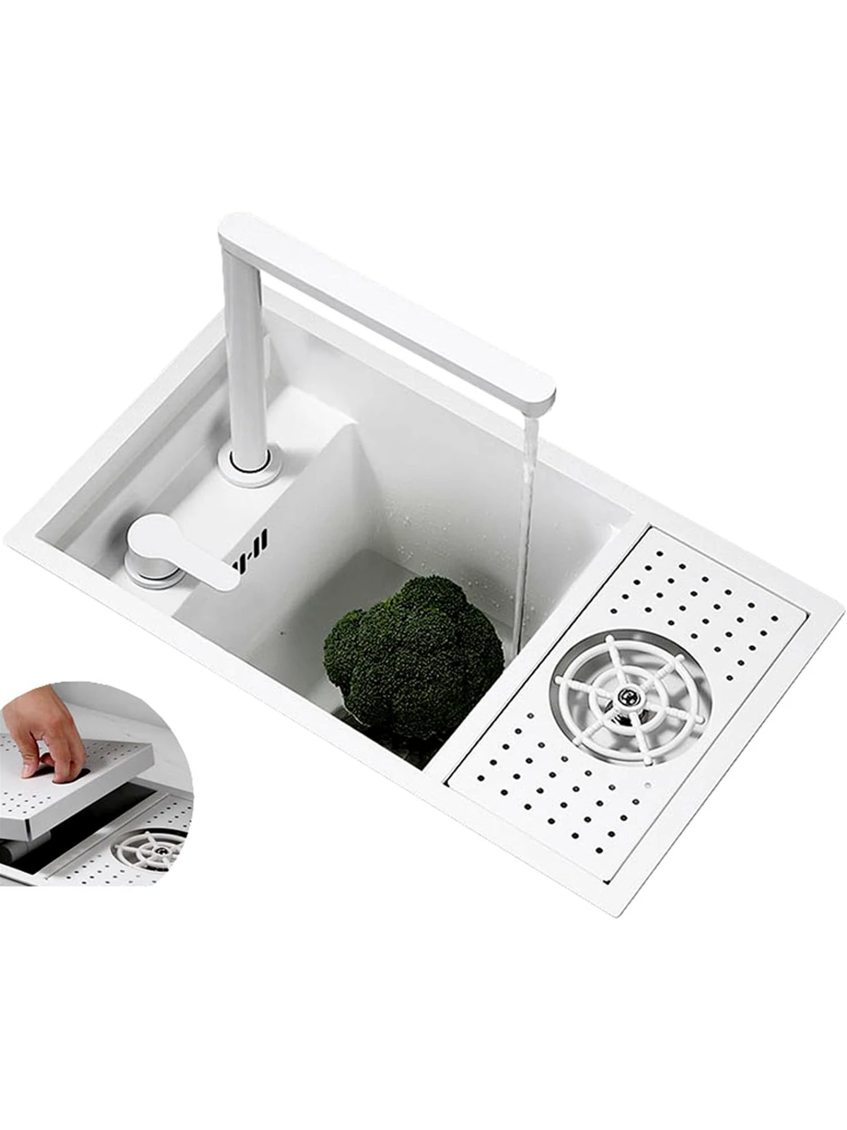 Nano White Hidden Mini Bar/Cafe/RV/balcony Sink with Up and Down Faucet and Glass Rinser Set 23 Inch