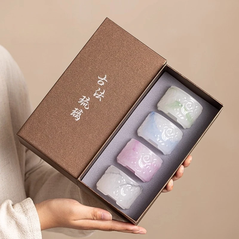 4pc Set Ancient‑Style Colored Glaze Cloud Pattern Thumb‑Shaped Tea Cup High‑End Kungfu Teacup Gift Box Set for Home Use