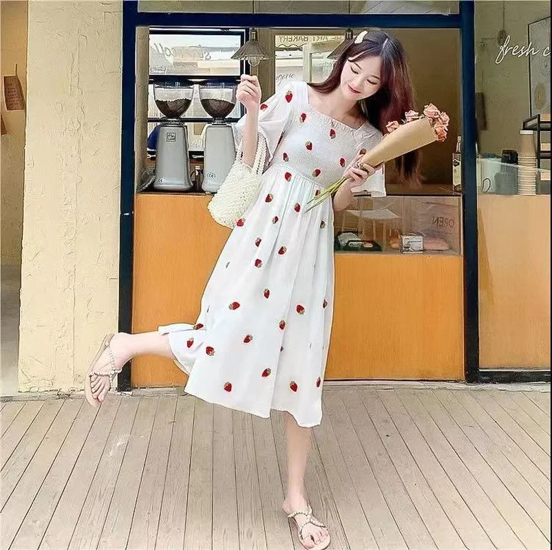 

Women Sexy Ruffle Puff Sleeve Off Shoulder Embroidery Summer Party Dresses Vintage Kawaii Strawberry Dress 2023 Korean Elegant