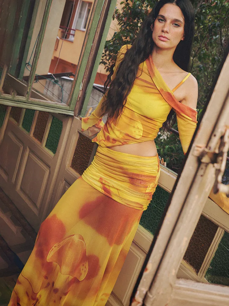 

Articat модное длинное платье с принтом и длинными рукавами, женский сексуальный топ с открытыми плечами, собранное тонкое длинное платье, осенняя вечерние Клубная одежда