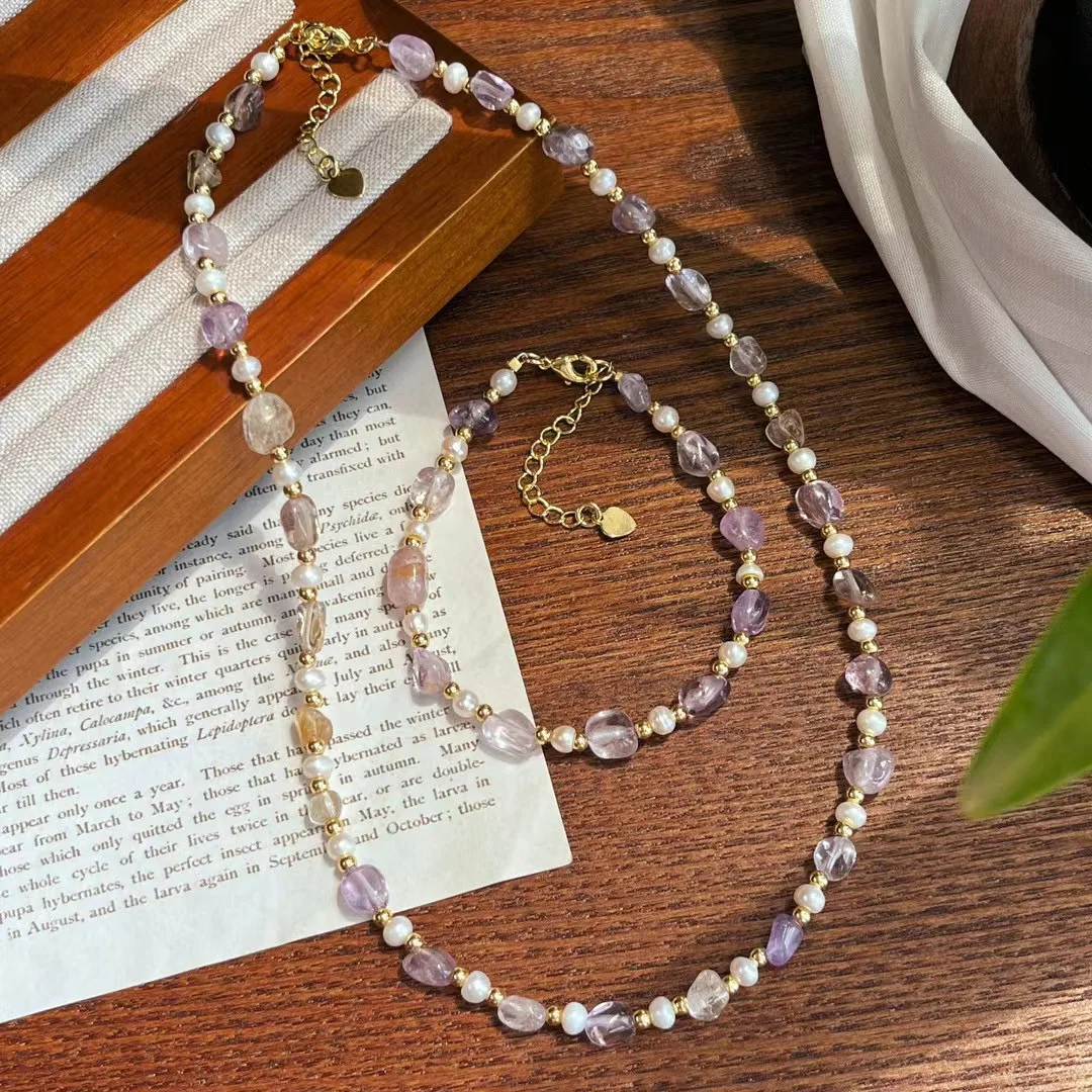 

Natural Crystal Jewelry Set with Clavicle Necklace and Bracelet Elegant Purple and Yellow Stone Beads Bangle for Women Boho Item