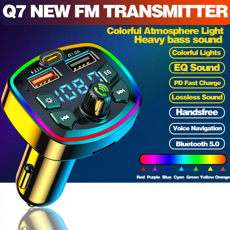 

Car Bluetooth 5.0 Charger FM Transmitter PD 18W Type-C Dual USB 4.2A Colorful Ambient Light Cigarette lighter MP3 Music Player