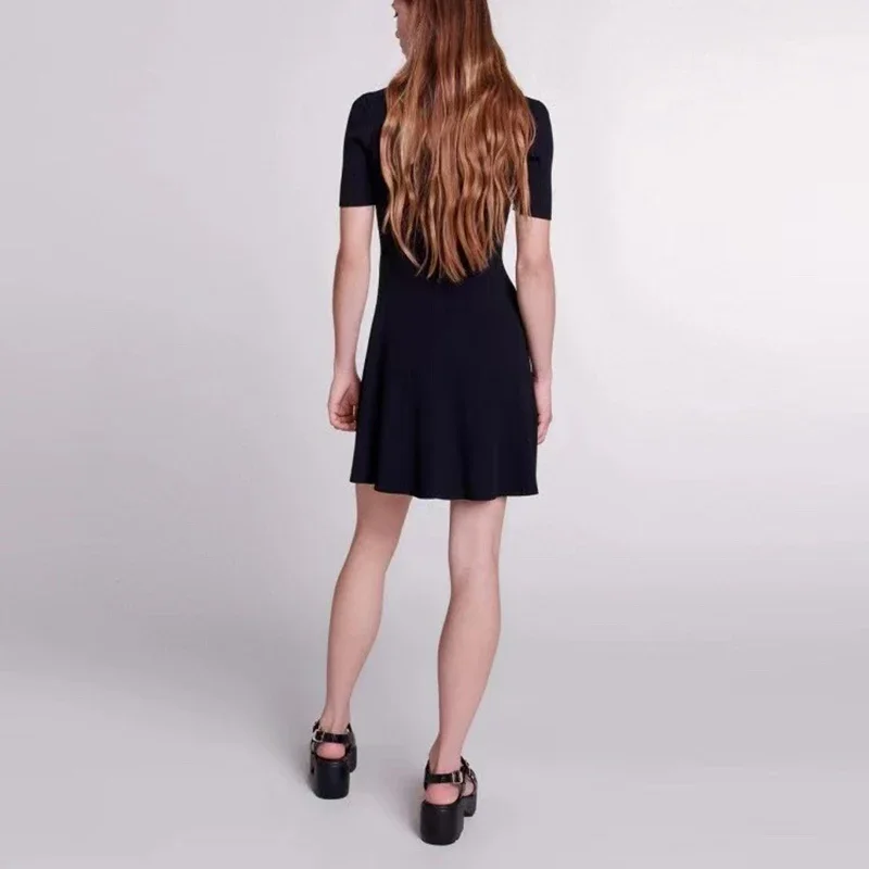 2024ssNew Luxury M Classic V-neck Black Knitted Dress Fashion Slim Thin Party Mini Dress High Quality Ladies Short Dress Y2k