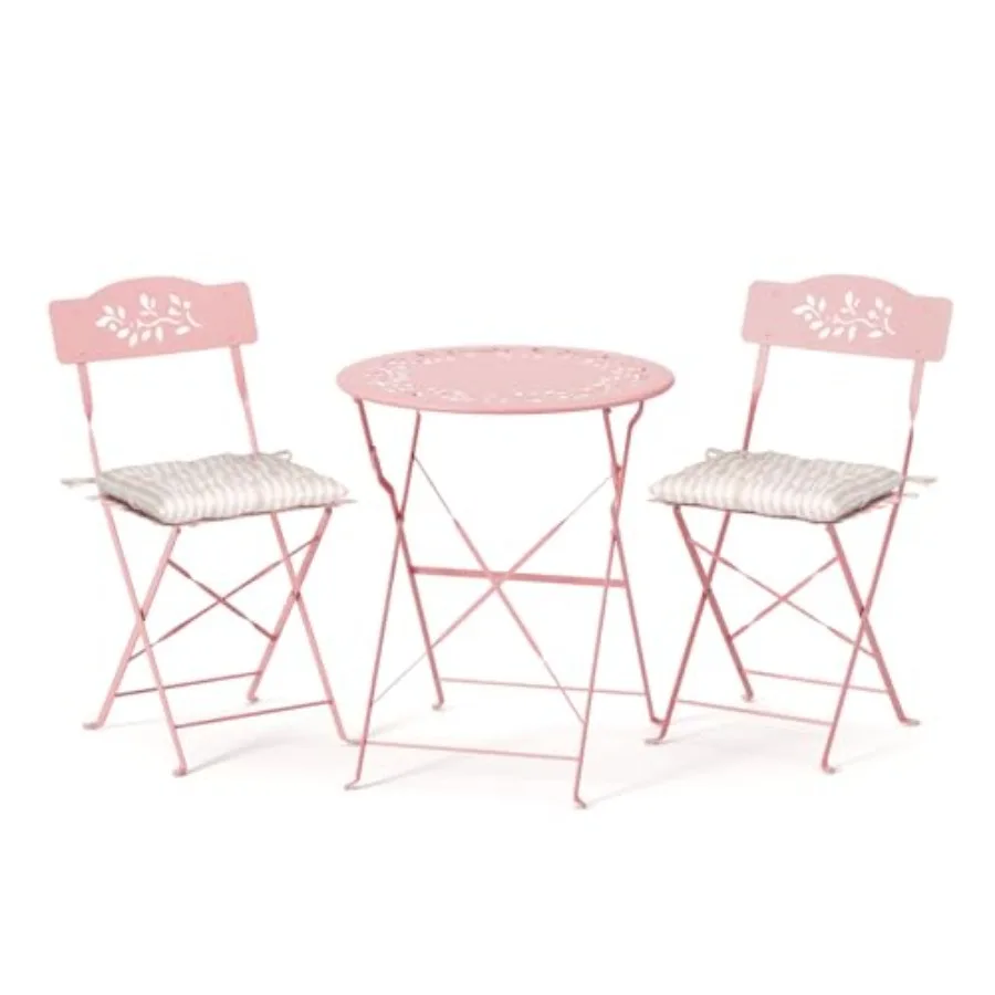 Outdoor folding bistro table and chairs set of 2, 3-piece set with olive leaf cutout design, pink cushions, aluminum frame, for