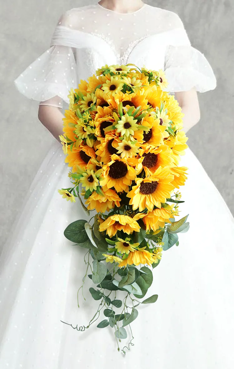 Beautiful  Waterfull Sunflower Bouquet High Quality Silk Flower Artificial Flowers bridal Decoration Fake Flower Wedding Bouquet