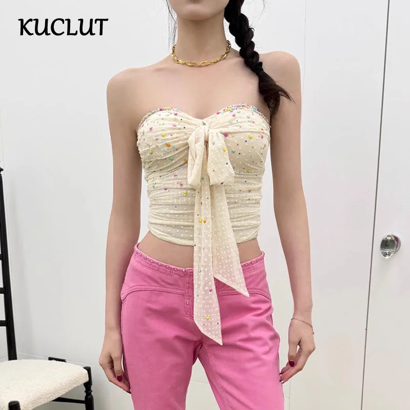 

KUCLUT 2025 Summer Fashion Pleated Mesh Camisole Vest For Women Slim Fit Back Zipper Short Tank Top Female Trendy New 1A189