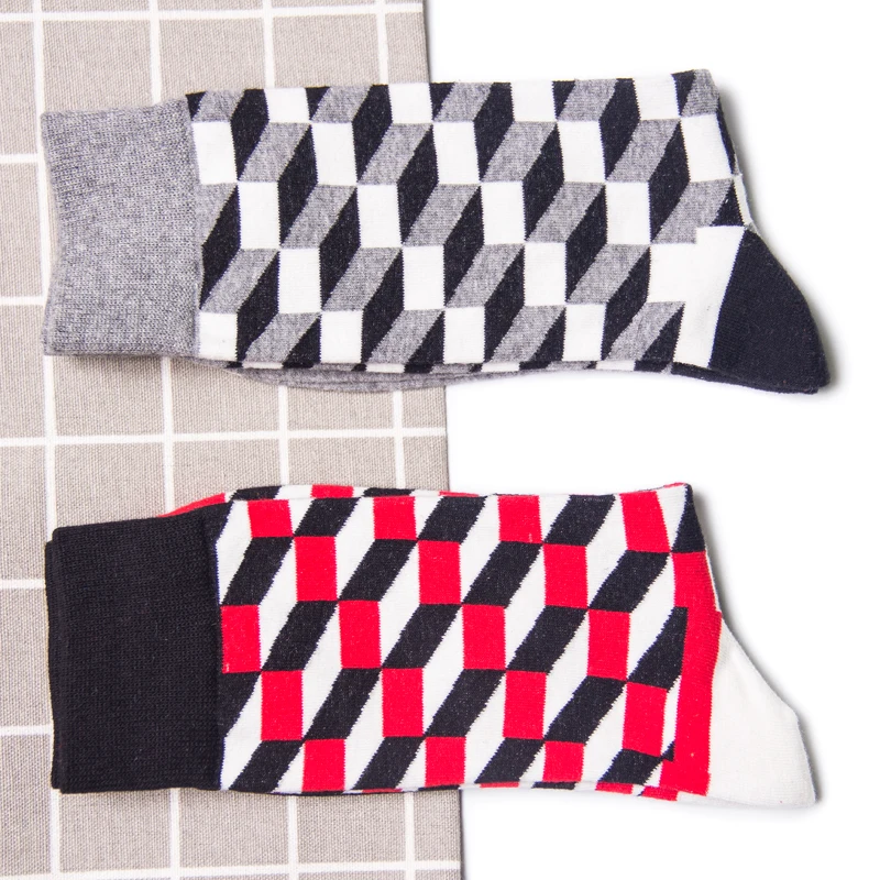 Patterns Fashion Business Men 100% Cotton Happy Lattice Socks Unisex Boys Combed Hip Hop Street Skateboard Funny High Sox Set