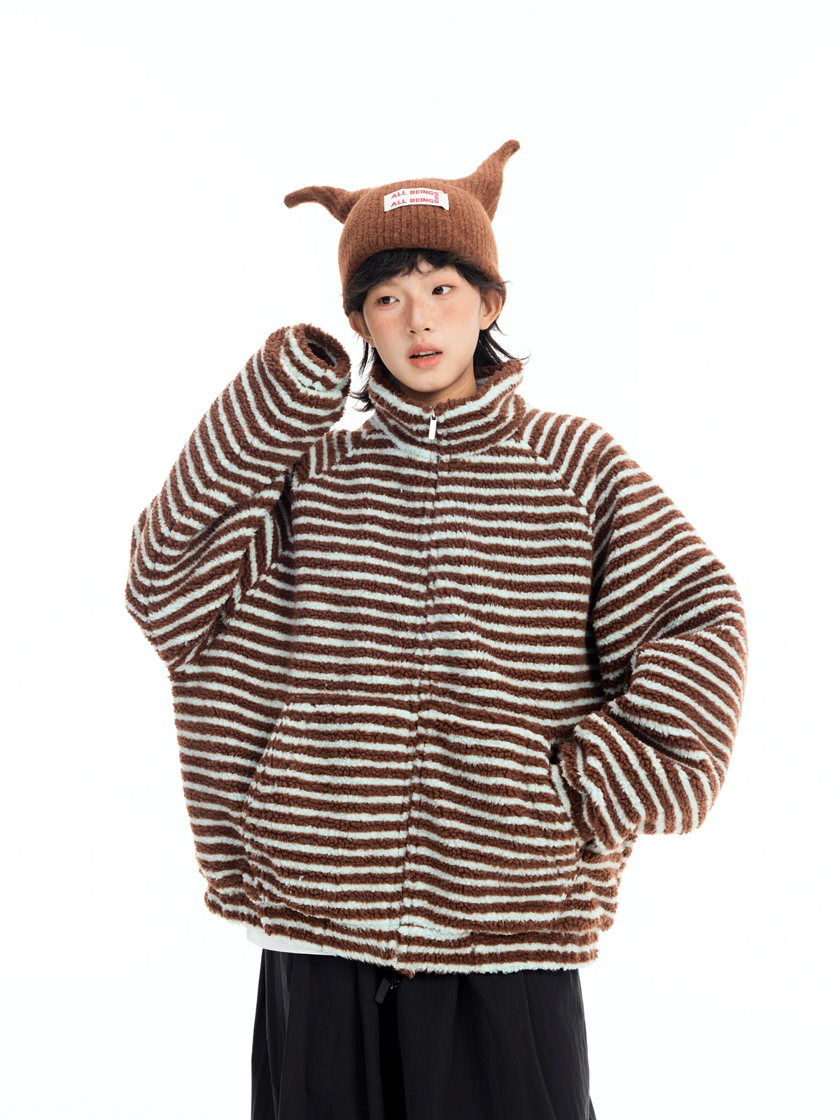 

Осень-зима Thiened коричневый полосатый джемпер на молнии открытый кардиган женское хлопковое пальто для пар черепаха Good Lu