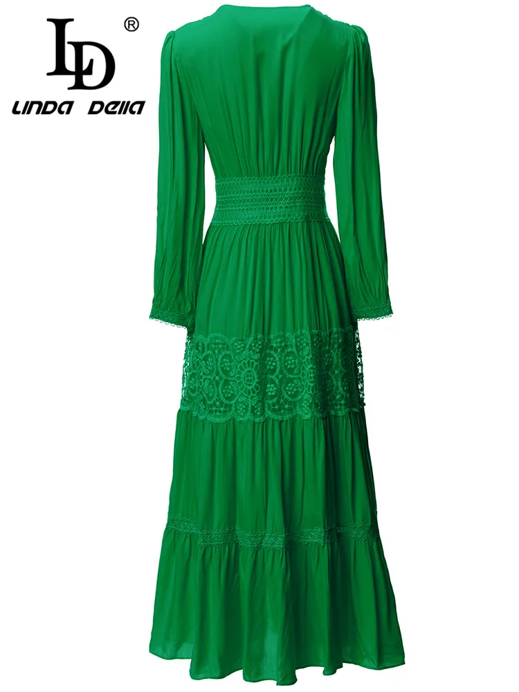 LD LINDA DELLA Fashion Runway Spring Dress Women V Neck Lantern sleeve Lace Hollow Single-breasted Green Midi Dress