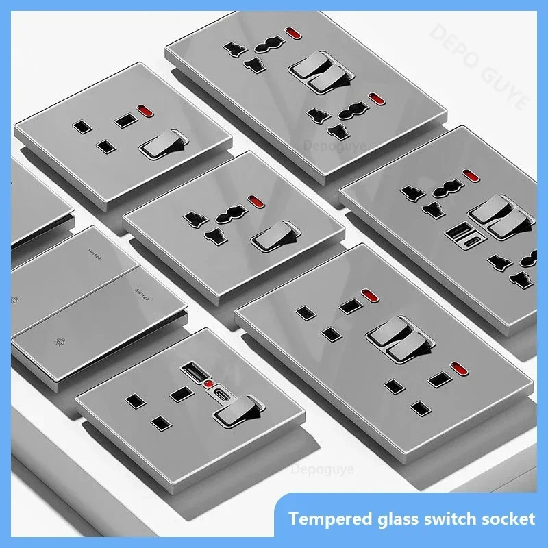 Universal Tempered Glass Dual 3 Pin power outlet,UK 13A Wall plug socket with 20W Fast charge,Home Electrical 2way Light Switch