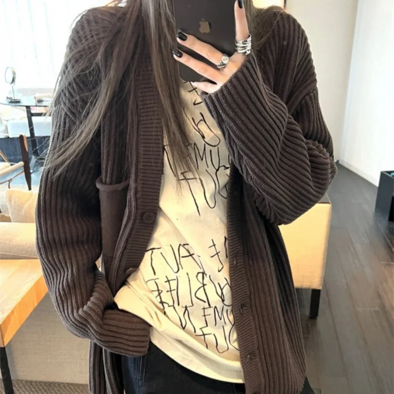 Cardigan Women Sweater 2025 New Fashion Casual Spring Autumn Button Pocket Loose Knitted Cardigan Autumn Winter Clothing