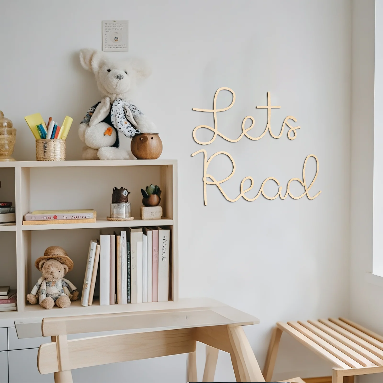 Let's Read Wooden Wall Sign - Nursery Decor, Kids Room Reading Nook Art, Storybook Theme Natural Wood Decoration (9.9x25.9cm)