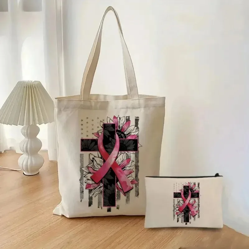 2 pezzi rosa consapevolezza del cancro al seno stampato Tote borse per cosmetici moda donna Eco borsa per la spesa portatile di grande capacità