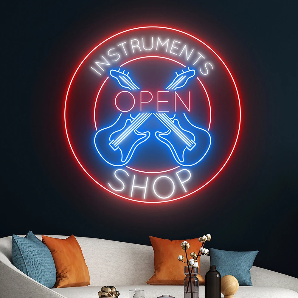 Instrument Shop Guitar Led Sign Open Shop Electric Guitar Neon Sign Custom Rock And Roll Live Music Studio Room Decor Neon Light