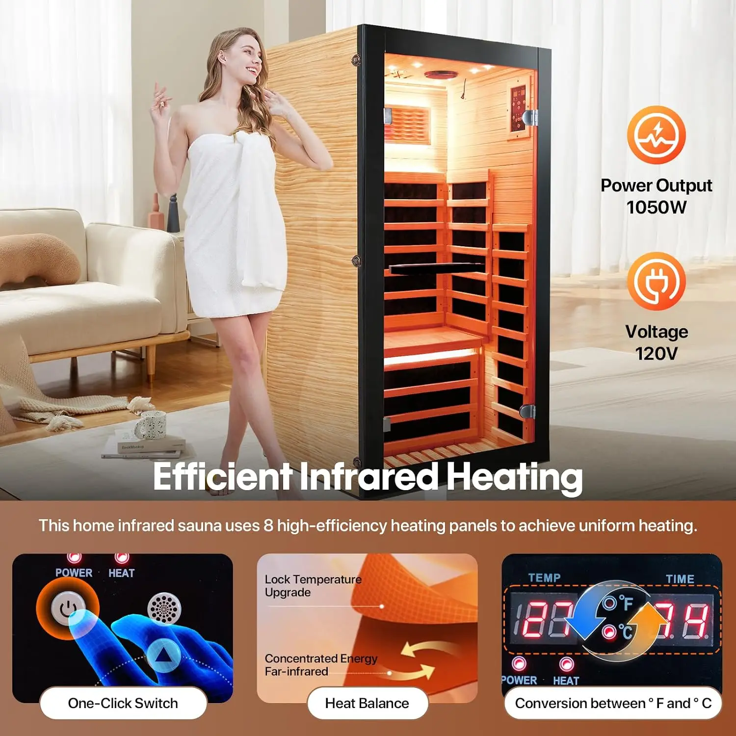 Far Infrared Sauna Room Single Person Chilean Pine Wood 1050W, Custom