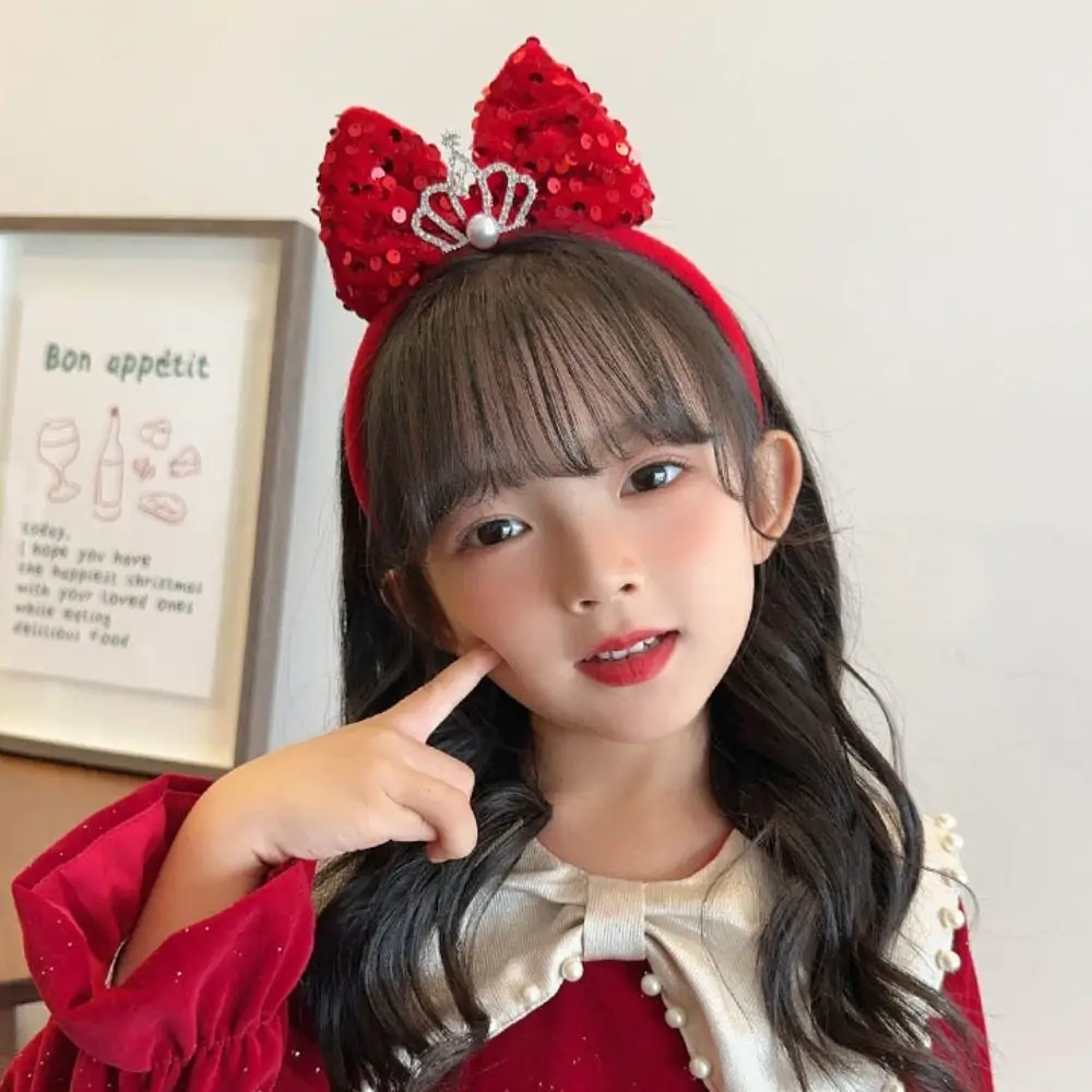 

Cute Bowknot Children Headband Crown Sequin New Year Headwear Hair Hoop Girl Hair Accessories Red Bow Hairband Children