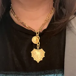 Hip Hop Jewelry Unisex Sun Heart Charms Necklace Chunky Gold Color Love Statement Necklaces for Women Paperclip Chain Choker
