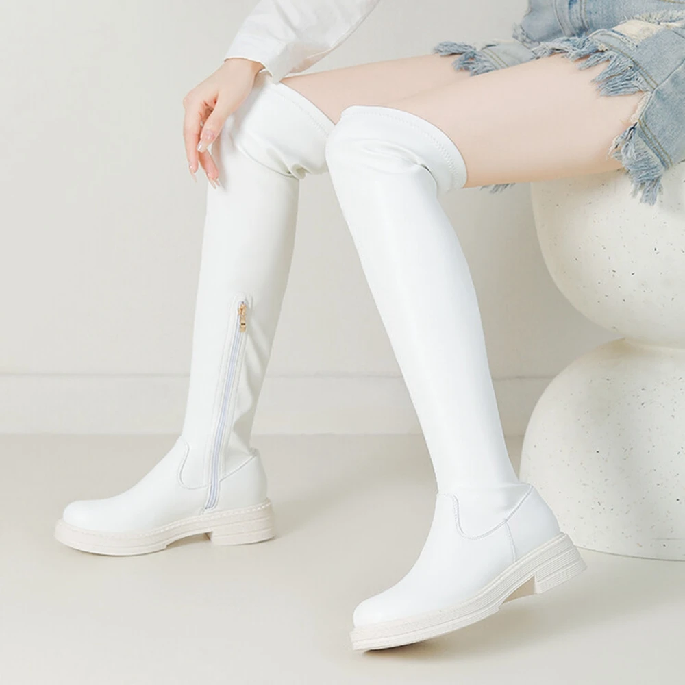 

Women's Thick Sole Over The Knee Boots Side Zipper Stretch Slim Long Boots Plus Size 33-43 Black White Brown 6-1