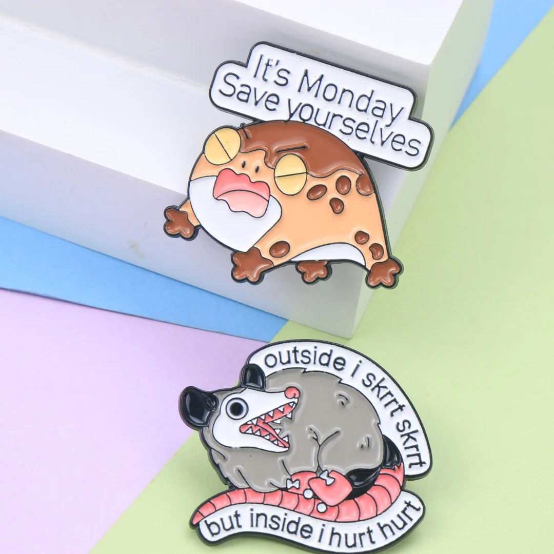 Funny Monday Mood Animal Enamel Lapel Pin Set Grumpy Frog Opossum Meme Metal Badge Backpack Clothes Decor Brooch Humor Gift