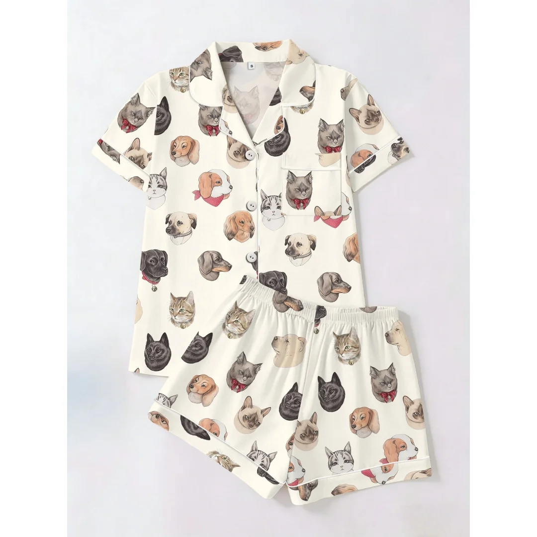 

Милый комплект пижамы с принтом домашних животных для женщин: рубашка с коротким рукавом и брюки с отложным воротником, летний подарок
