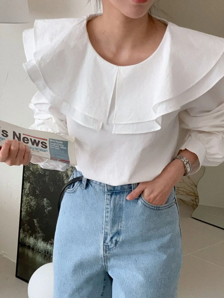 

Корейская женская рубашка с простыми рюшами и длинными рукавами, весенняя элегантная однотонная блузка с воротником Питер Пэн, новые универсальные офисные блузки для женщин