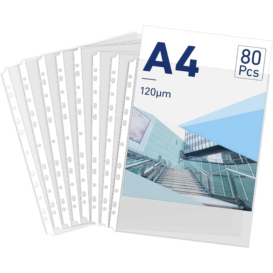 Transparente A4-Blattschutzfolien, 11,89 x 9,17 Zoll, 80 Puhed-Tasche mit klebrigen Laschen, 120 Mikron, robuste Binderhülsen, 11-Loch-Kunststoff-Pa