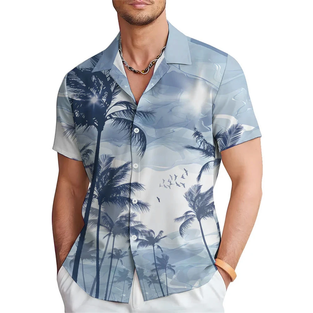 Hawaiian Summer Men's Shirt Coconut Gradient Tropical Plant Button Shirt Hawaiian Short Sleeve Shirt Beach Clothing Lapel Shirt