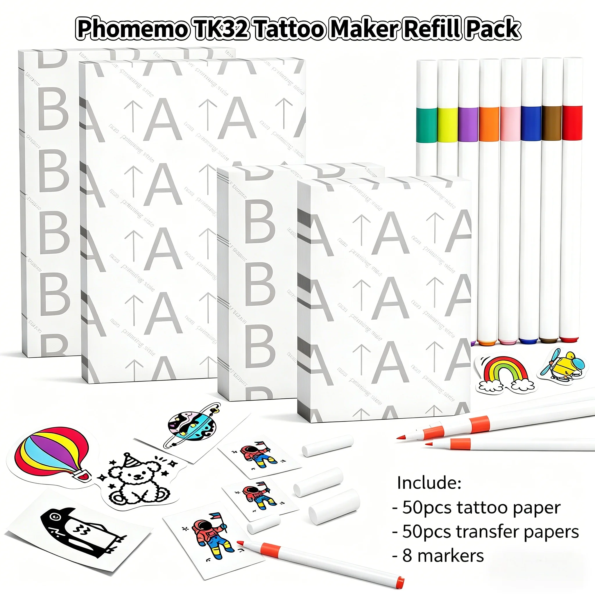 Phomemo TK32/TK20 Tattoo Maker Refill Pack 50pcs Transfer Paper + 8 Markers for Temporary Tattoo
