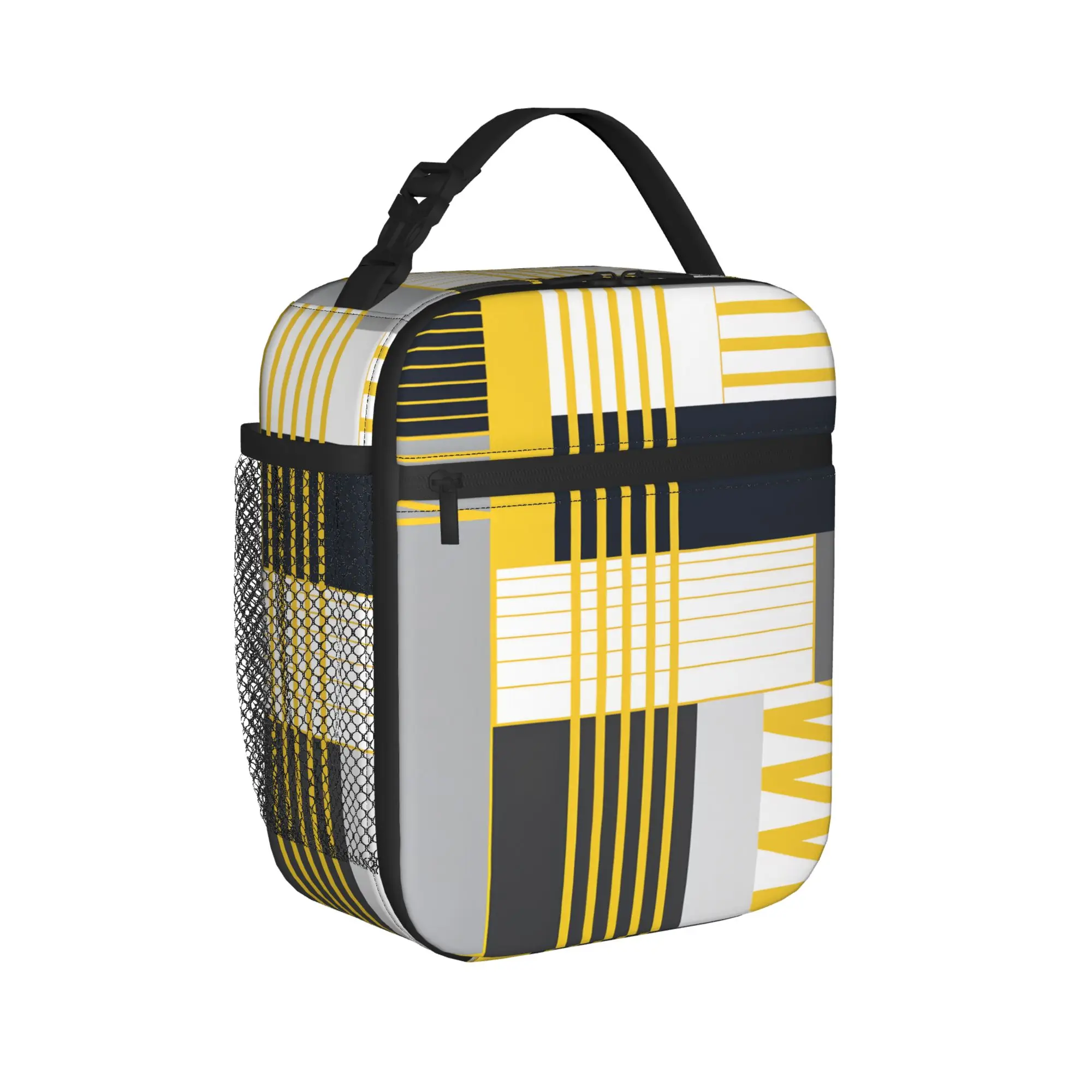 Yellow Grey Geometric Lunch Bag  Portable Lunch Box Women Picnic Print Cooler Bag Casual Oxford Thermal Lunch Bags